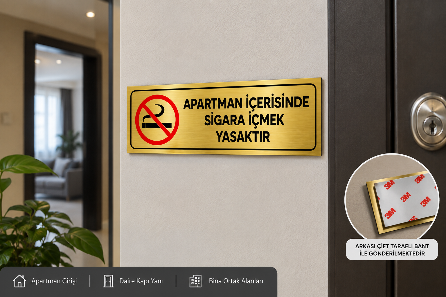 Apartman İçerisinde Sigara İçmek Yasaktır Levhası Gold Metal 7x20 cm