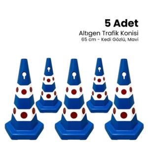 5 Adet Kedi Gözlü Mavi Altıgen Trafik Konisi 65 cm Trafik Dubası Seti  (ADL650506B5SET)