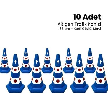 10 Adet Kedi Gözlü Mavi Altıgen Trafik Konisi 65 cm Trafik Dubası Seti  (ADL650506B10SET)