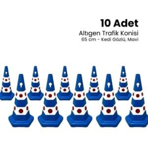 10 Adet Kedi Gözlü Altıgen Trafik Konisi 65 cm Trafik Dubası Seti  (ADL65050610SET)