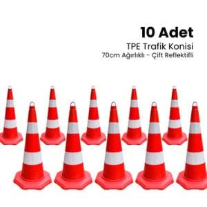 10'lu TPE Trafik Konisi Seti 70 cm Çift Reflektifli Trafik Dubası  (ADL12376TKR210SET)