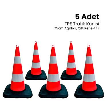 5'li TPE Trafik Konisi Seti 75 cm Ağırlıklı Çift Reflektifli Trafik Dubası  (ADL12389TK AR25SET)