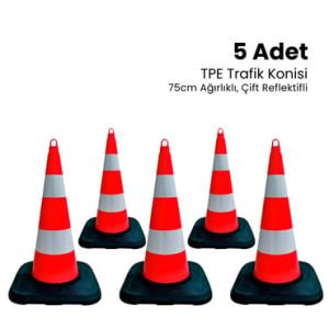 5'li TPE Trafik Konisi Seti 75 cm Ağırlıklı Çift Reflektifli Trafik Dubası  (ADL12389TK AR25SET)