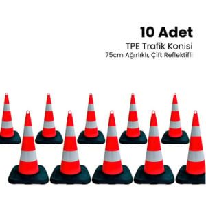 10'lu TPE Trafik Konisi Seti 75 cm Ağırlıklı Çift Reflektifli Trafik Dubası  (ADL12389TKAR210SET)