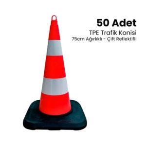 50'li TPE Trafik Konisi Seti 75 cm Ağırlıklı Çift Reflektifli Trafik Dubası  (ADL12389TKAR250SET)