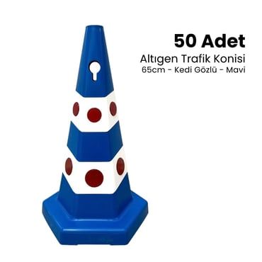 50'li Kedi Gözlü Kırmızı Altıgen Trafik Konisi Seti 65 cm Trafik Dubası  (ADL65050650SET)