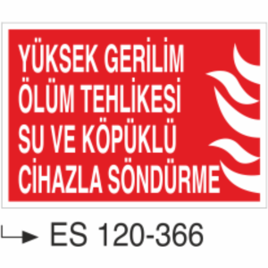 Yüksek Gerilim Ölüm Tehlikesi Su Ve Köpüklü Cihazla Söndürme- Uyarı Levhası