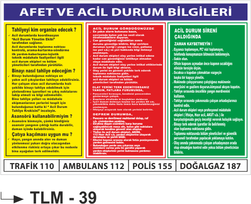 Afet Ve Acil Durum Bilgileri- Uyarı Levhası
